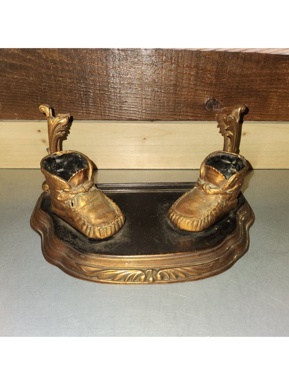Vintage Mid-Century Bronzed Baby Shoes Display Stand Frame Holder